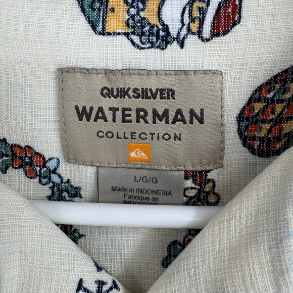 QuikSilver Waterman Collection Mele Kalikimaka Button Down Shirt Mens L Cream - Picture 5 of 10